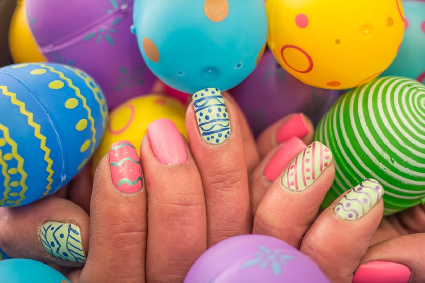 Easter egg pattern-inspired nails, which would be so cute as your Easter 2024 nail designs.