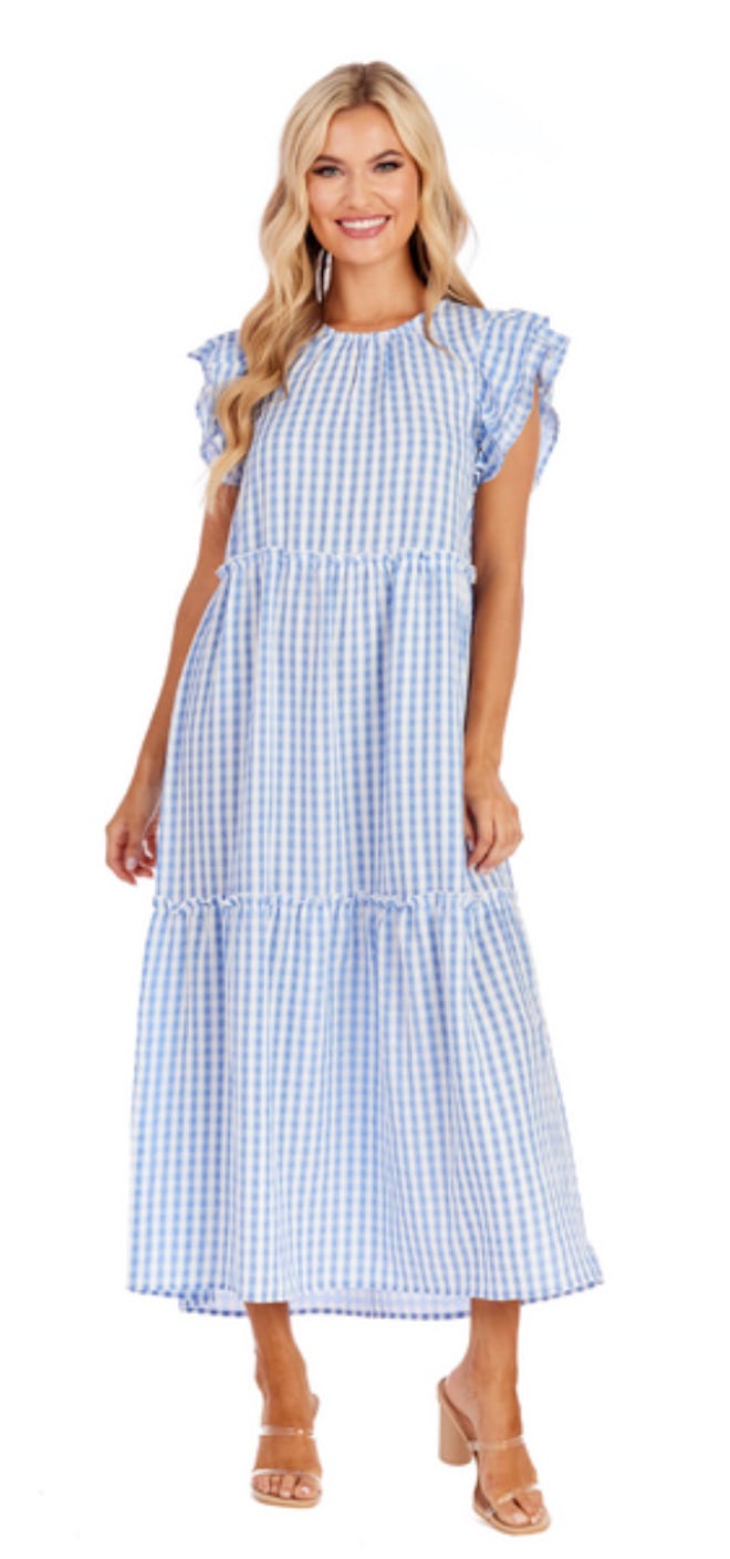 A blue gingham maxi dress for women for Easter.