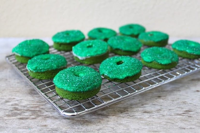 Green velvet donuts, which would make delicious green St. Patrick's Day treats.