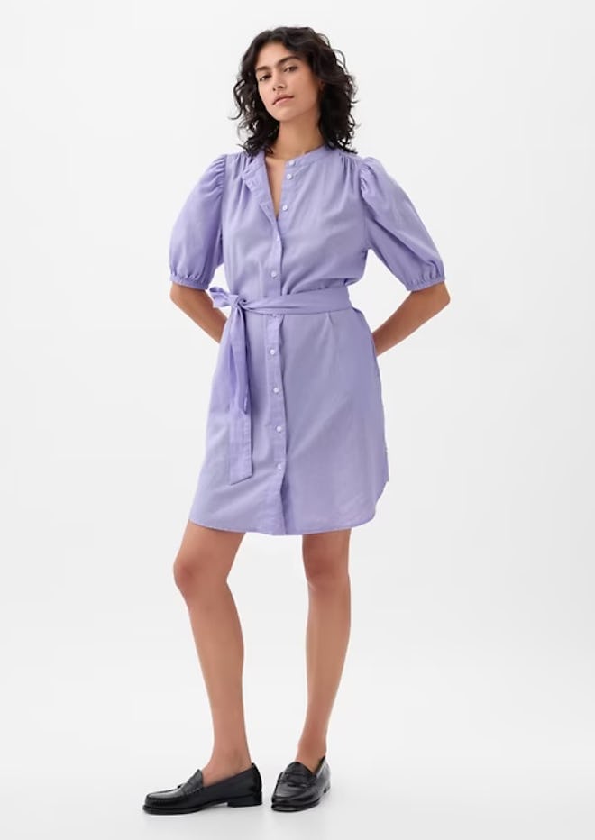 A short purple Easer dress for women that's belted at the waist.
