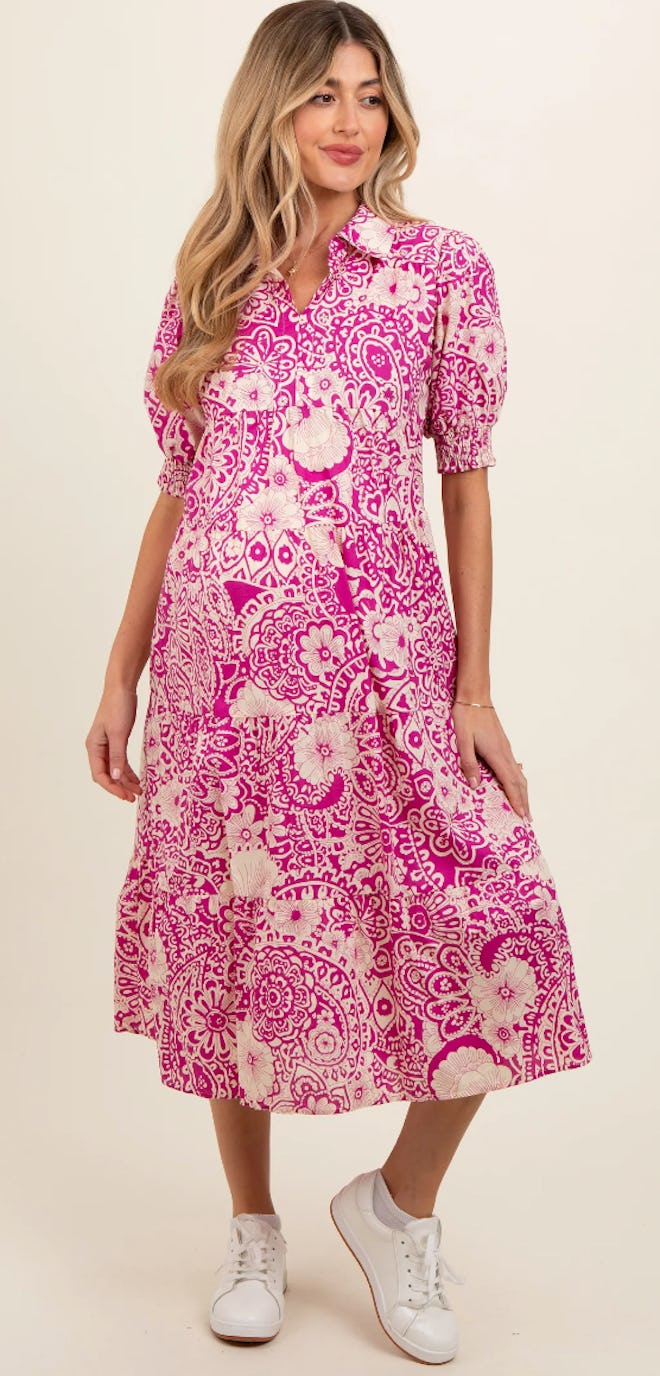 A magenta floral maternity dress for Easter.