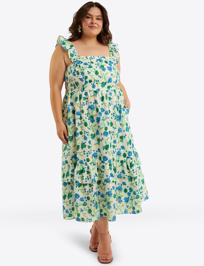 A linen midi dress for Easter in a white field poppy print.