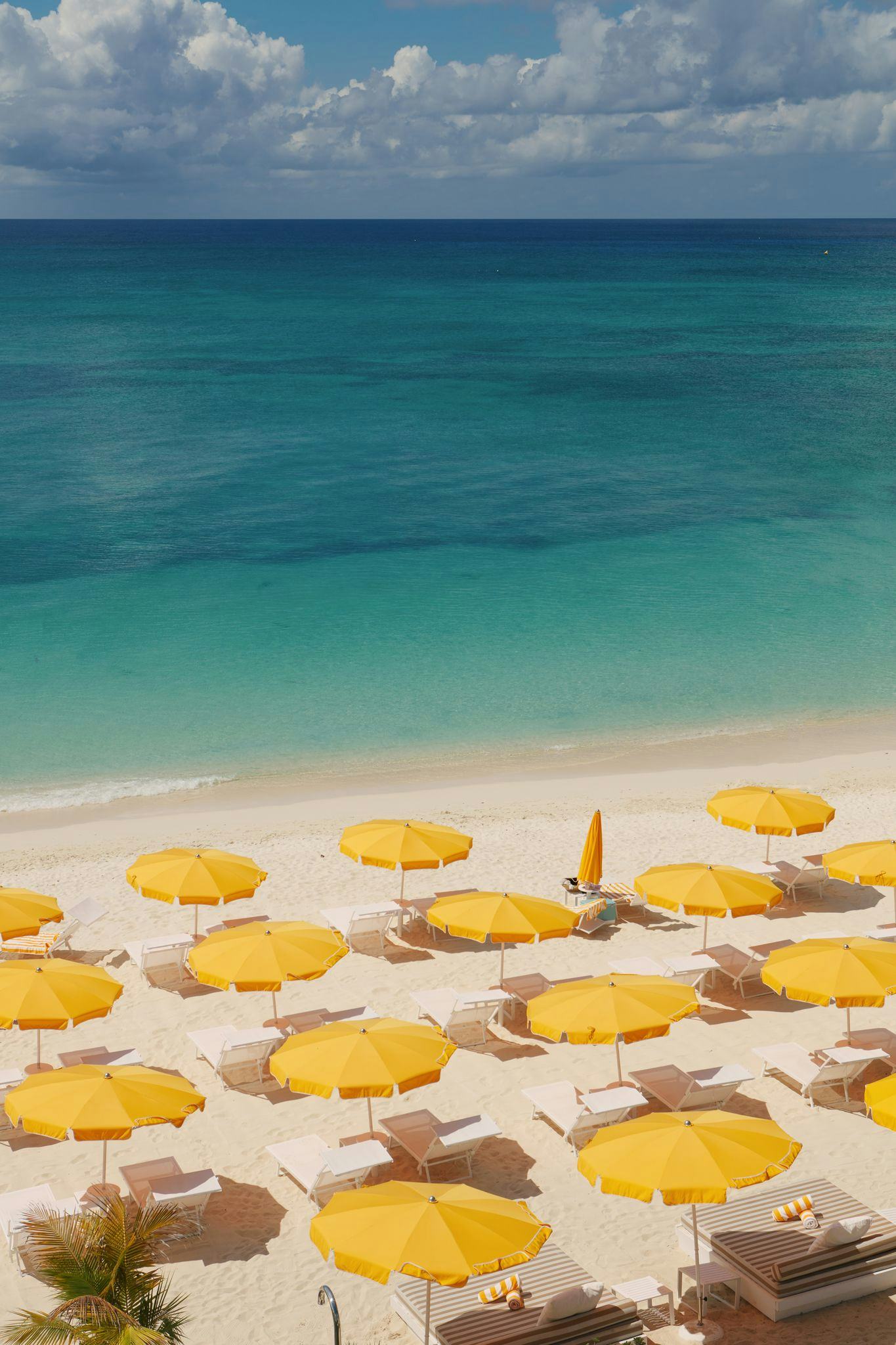 A view of the beach at Palm Heights, with its signature yellow beach umbrellas.