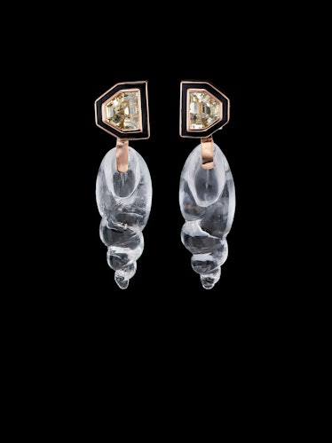 Carved Tuxedo Shell Crystal Quartz Earrings with Diamonds