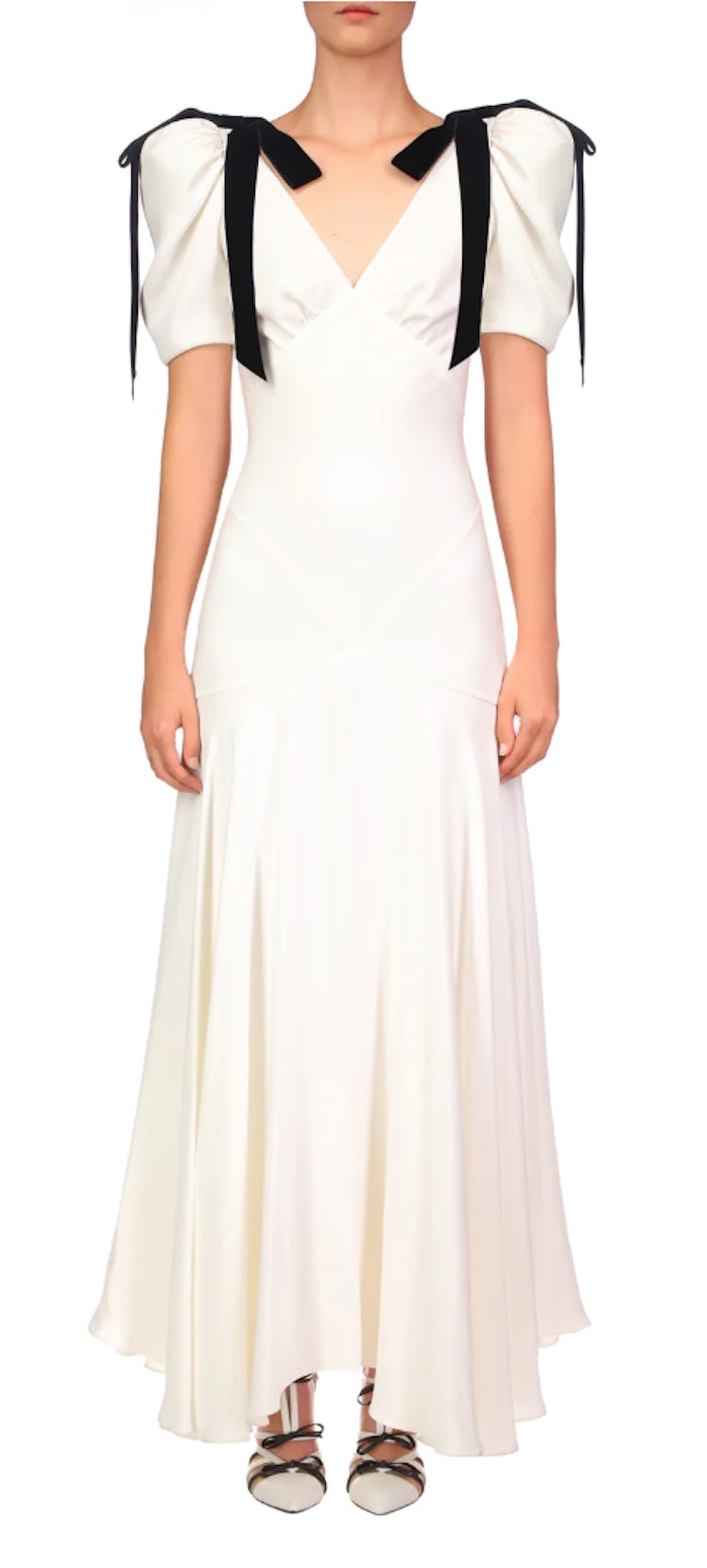 white silk midi dress with velvet bows