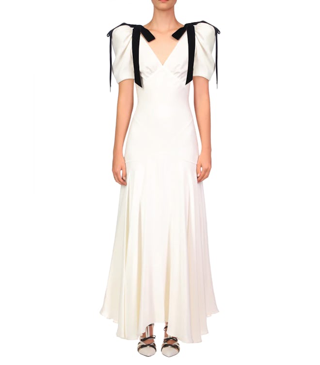 Rodarte Off White Silk Crepe Bias Dress With Velvet Ribbon Bow Details