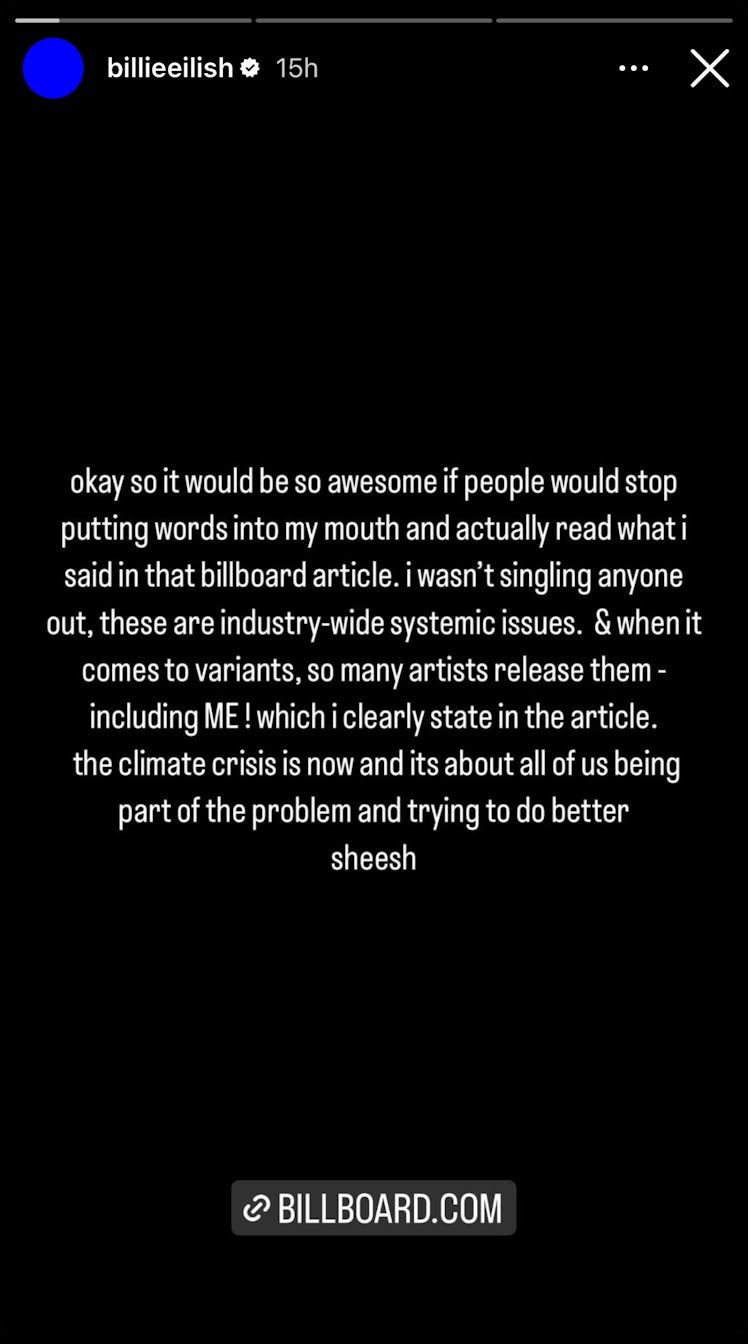 A screenshot of Billie Eilish's Instagram Story where she clarified her comments on sustainability