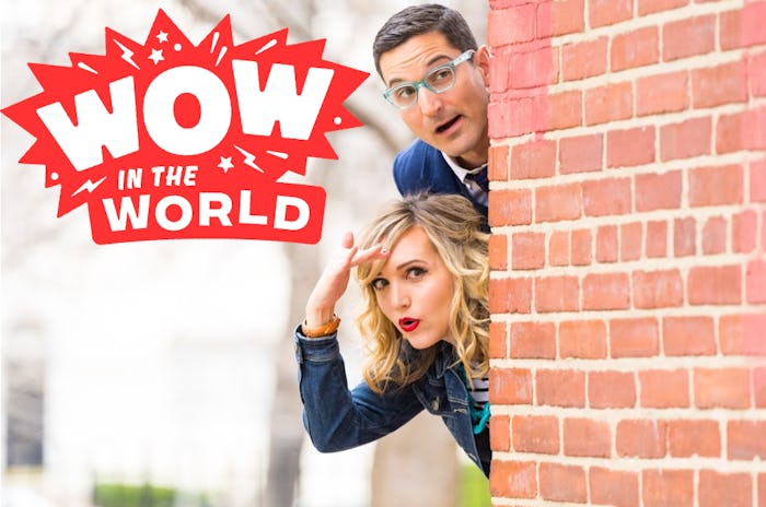 Mindy Thomas and Guy Raz peek from behind a brick wall; beside them is the 'Wow in the World' podcas...