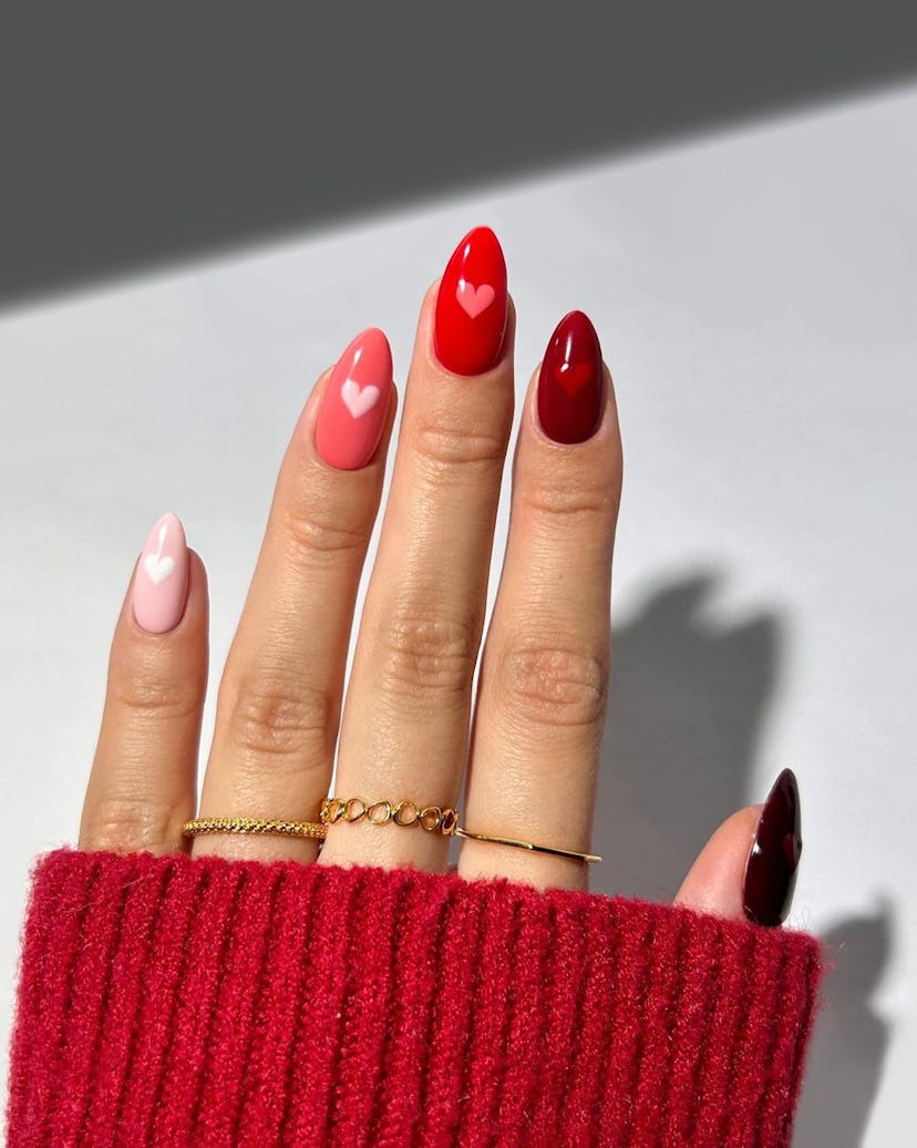 Skittle nails with love hearts on every nail are on-trend.