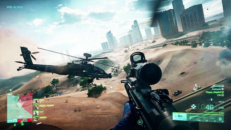 An assault-class player rides shotgun in a helicopter.