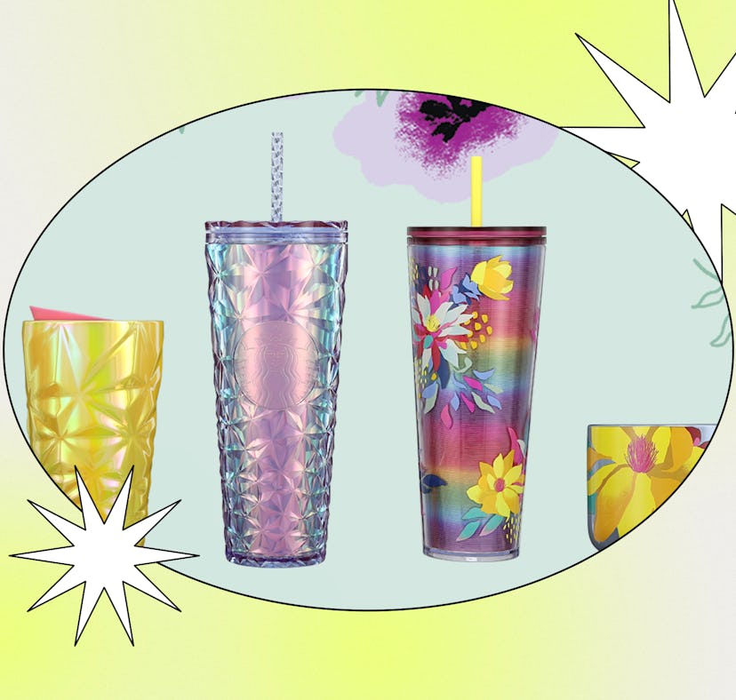 Starbucks has Mother's Day merch for the spring that includes an iridescent cold cup and floral mugs...