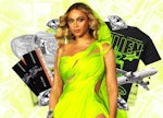 A collage featuring Beyonce in a bright neon dress with various items like movie tickets, a toy plan...