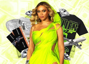 A collage featuring Beyonce in a bright neon dress with various items like movie tickets, a toy plan...