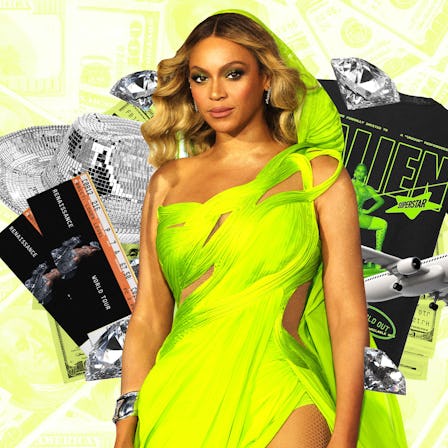 A collage featuring Beyonce in a bright neon dress with various items like movie tickets, a toy plan...