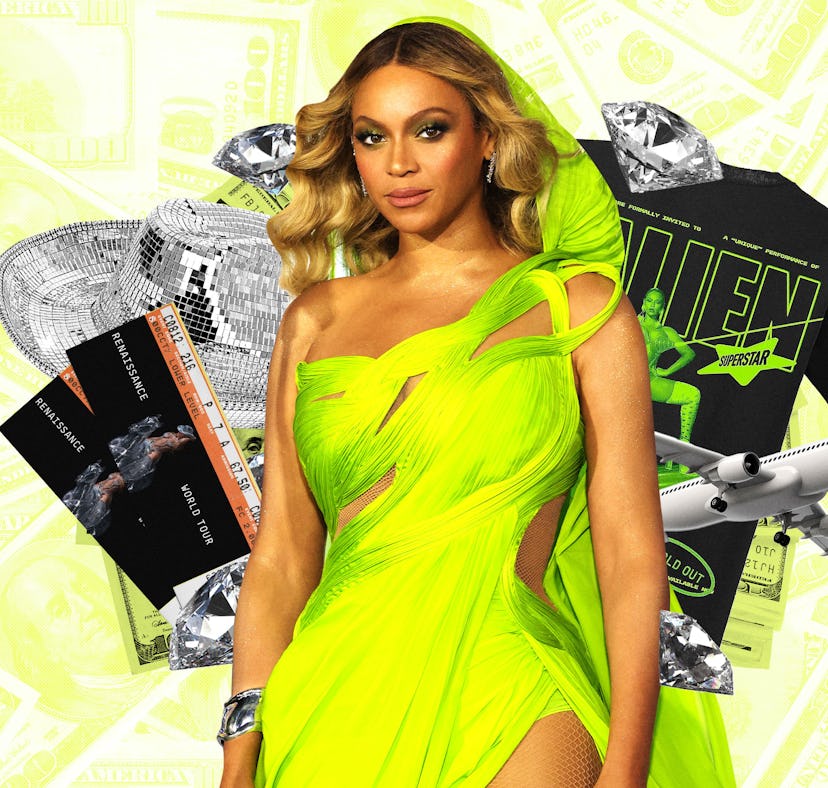 A collage featuring Beyonce in a bright neon dress with various items like movie tickets, a toy plan...