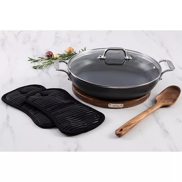 All-Clad 3-Quart Pan With Acacia Trivet, Spoon, & Pot Holder