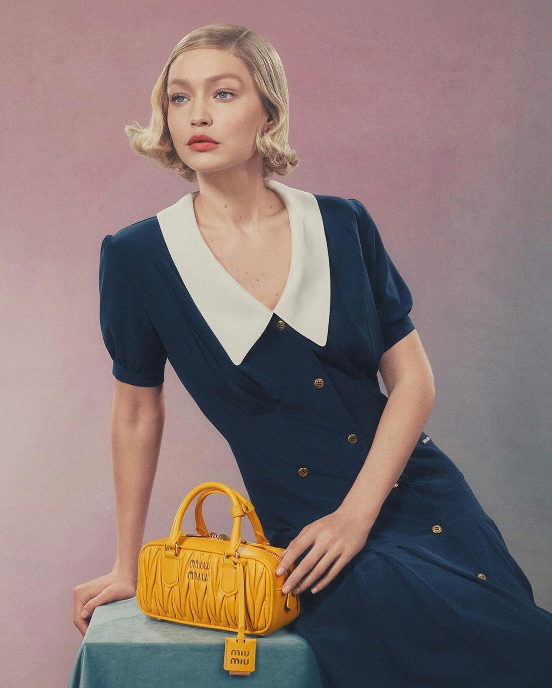 Gigi Hadid stars in a 2024 Bag Campaign for Miu Miu.