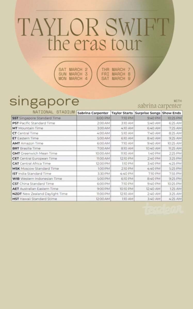 Screenshot of Tess Bohne's Singapore Eras Tour time zone chart