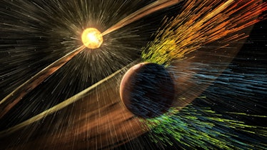 The Sun blasts out particles in all directions, and strike Mars, casting off new particles into spac...