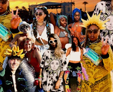 A collage depicting various fashion trends at Coachella over the last 25 years.