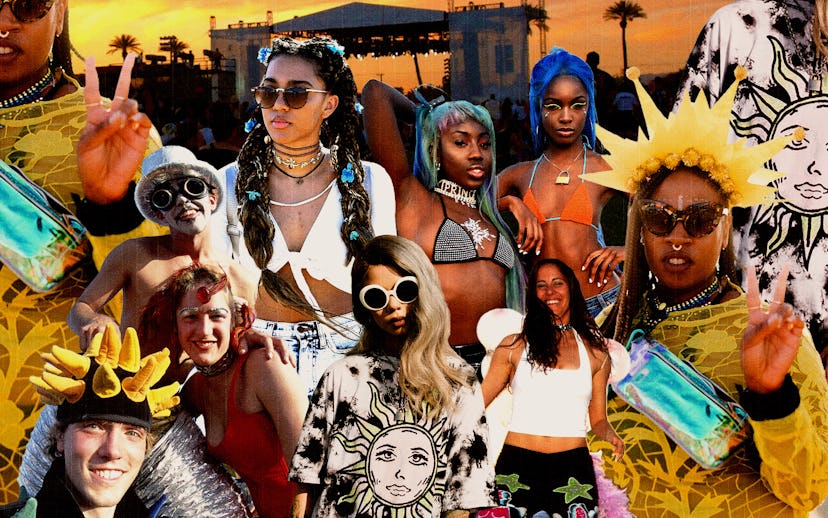 A collage depicting various fashion trends at Coachella over the last 25 years.