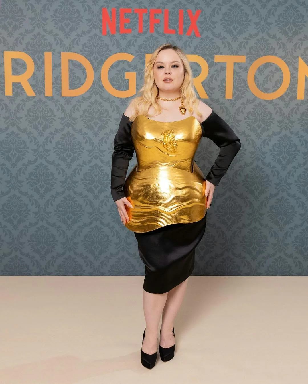 nicola coughlan gold dress Nicola Coughlan's 'Bridgerton' Dress Quietly References Penelope  Featherington