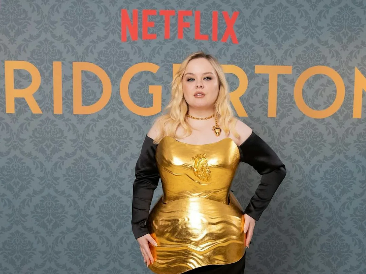 nicola coughlan gold dress All About Nicola Coughlan's Custom, Sustainable Wiederhoeft Barbie Premiere Dress