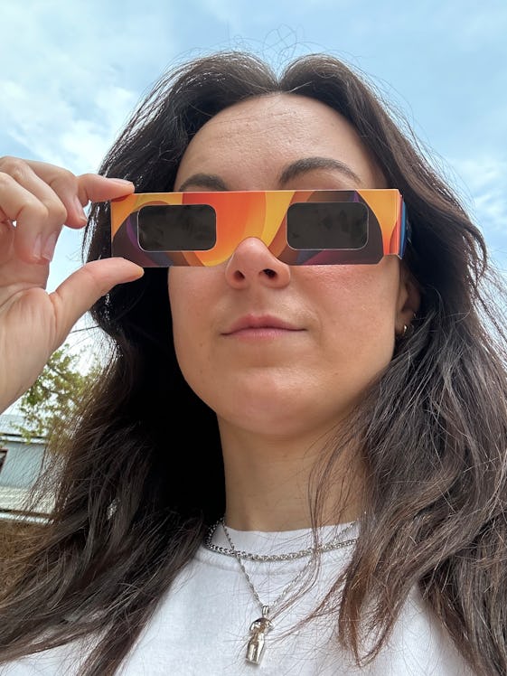 Sarah Ellis wearing glasses to watch the April 8 total solar eclipse