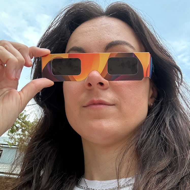 Sarah Ellis wearing glasses to watch the April 8 total solar eclipse