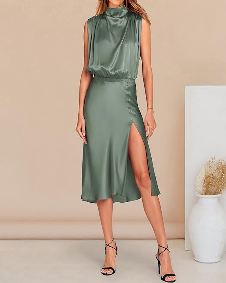 PRETTYGARDEN Mock-Neck Sleeveless Satin Dress