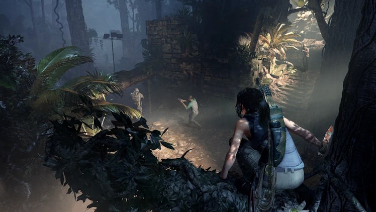 Lara Croft stalks enemies from above.