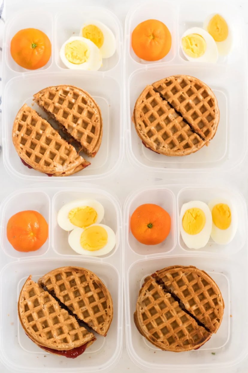 One of the best easy toddler lunch ideas is PB&J waffle sandwiches.