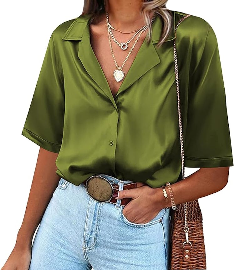 Chigant Short Sleeve Satin Blouse Button Down 