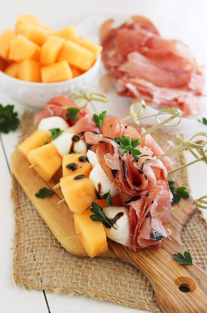 Melon, prosciutto, and mozzarella skewers are an easy make-ahead snacks for toddlers.