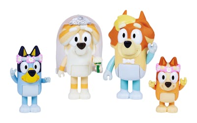 A new 'Bluey' Wedding Time! Figurine four-pack is available at Walmart and on Amazon, featuring mini...