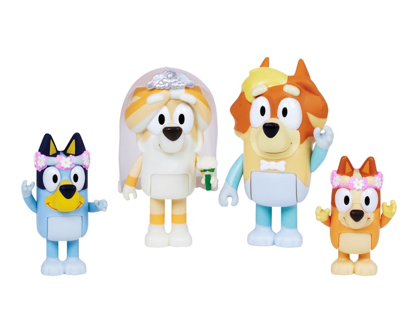 A new 'Bluey' Wedding Time! Figurine four-pack is available at Walmart and on Amazon, featuring mini...