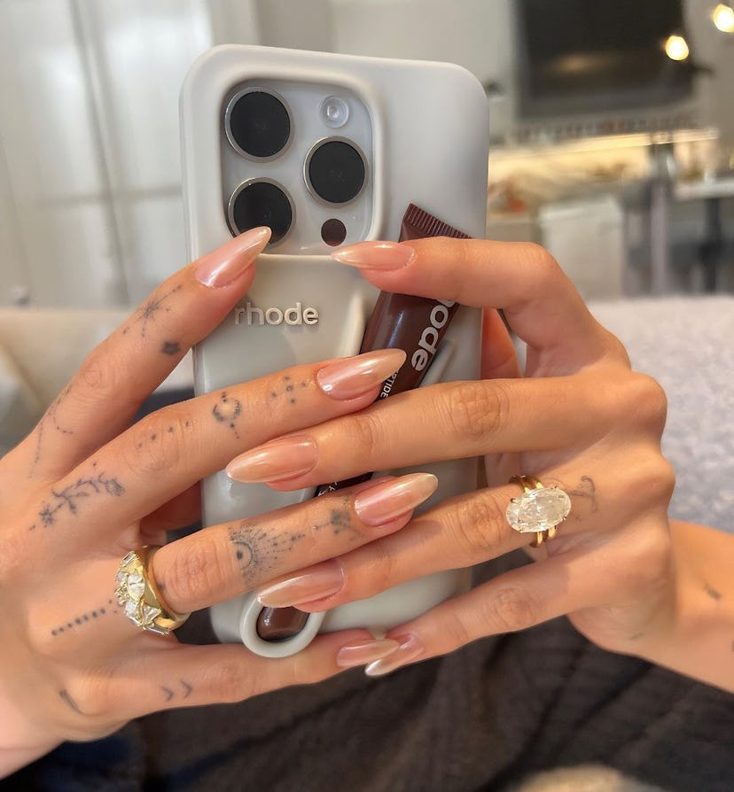 "Glazed donut" nails are Hailey Bieber's signature manicure.