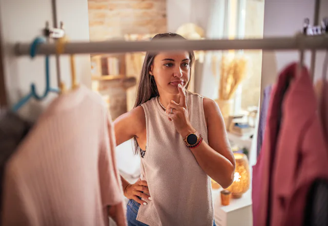 A woman looks in her closet at her capsule wardrobe.