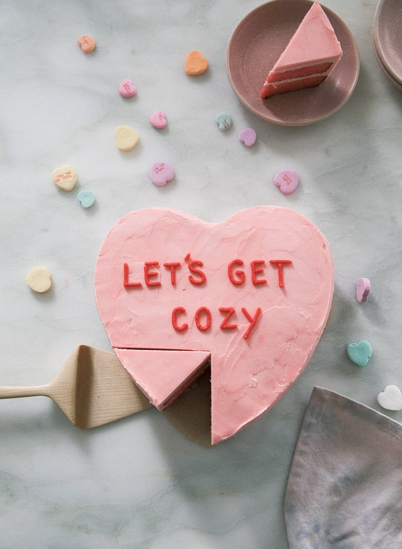 Conversation heart cake in a list of Taylor Swift party food ideas