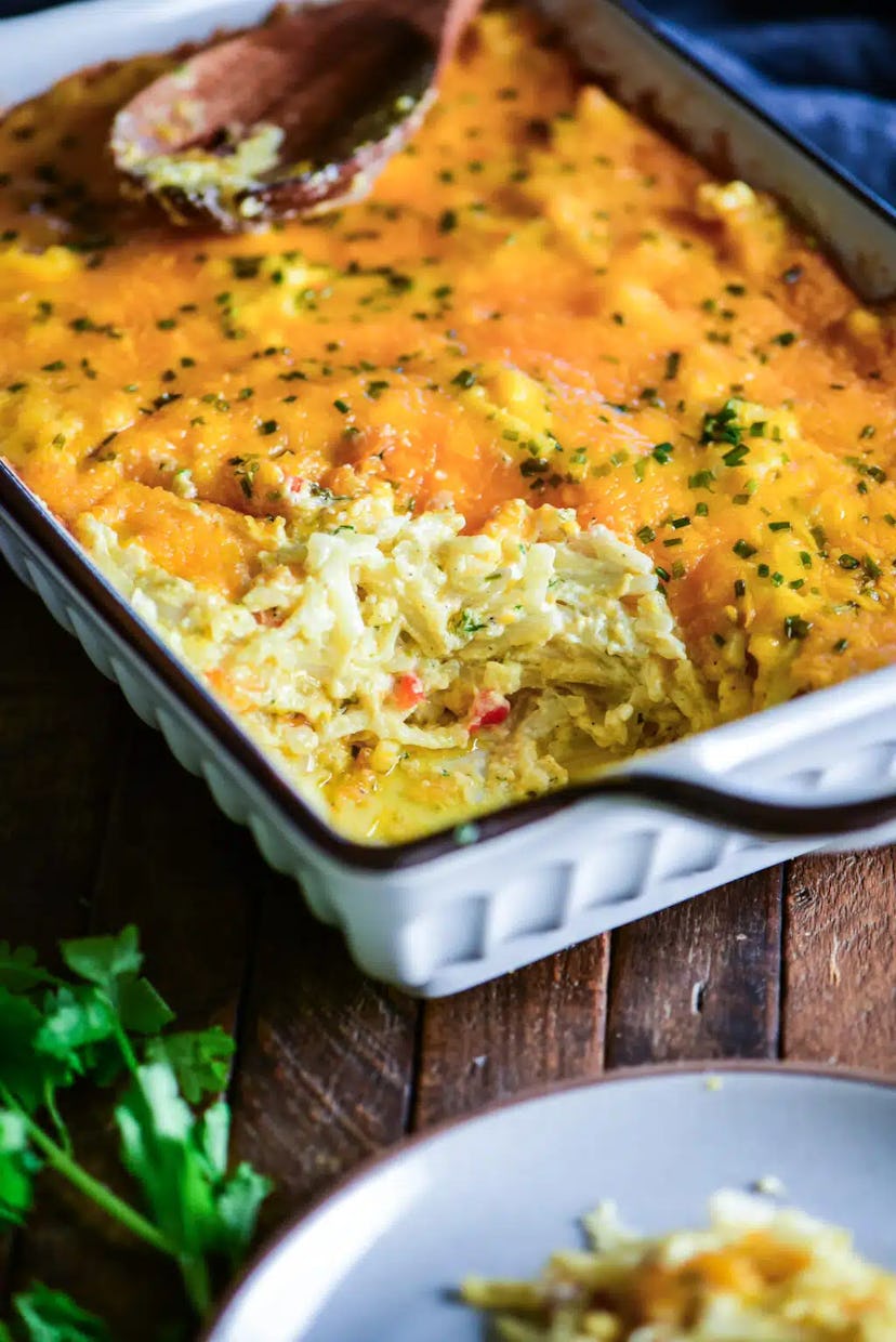 Cheesy hashbrown casserole in a list of Taylor Swift party food ideas