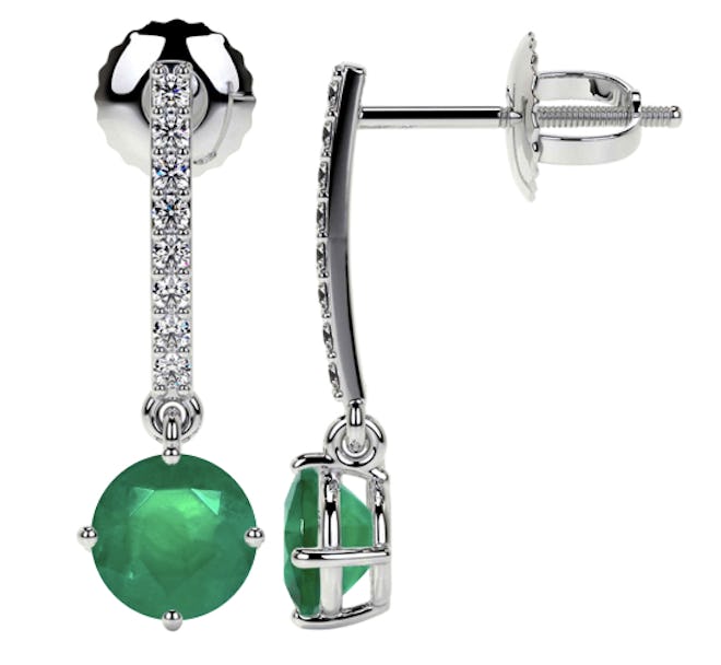 Round Shape Emerald Dangling Earrings With Round Diamonds