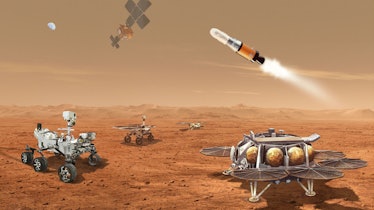 Four robots sit on Mars's surface, while two sail in the sky. In the distance, a blue Earth can be s...