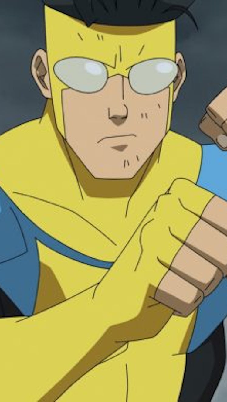 Animated superhero in a yellow and blue costume with fists clenched, preparing for action under a st...