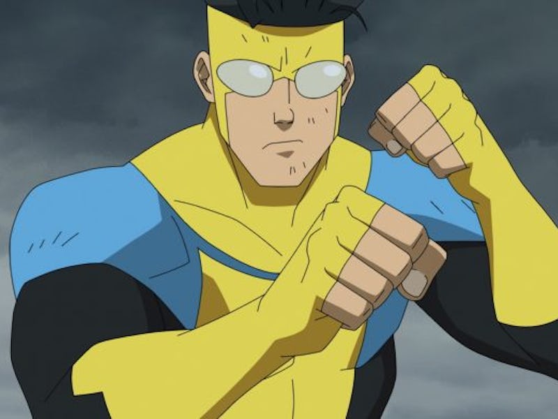 Animated superhero in a yellow and blue costume with fists clenched, preparing for action under a st...