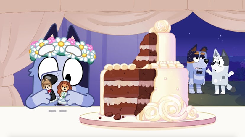 Socks plays with wedding cake toppers while her parents fight in the background