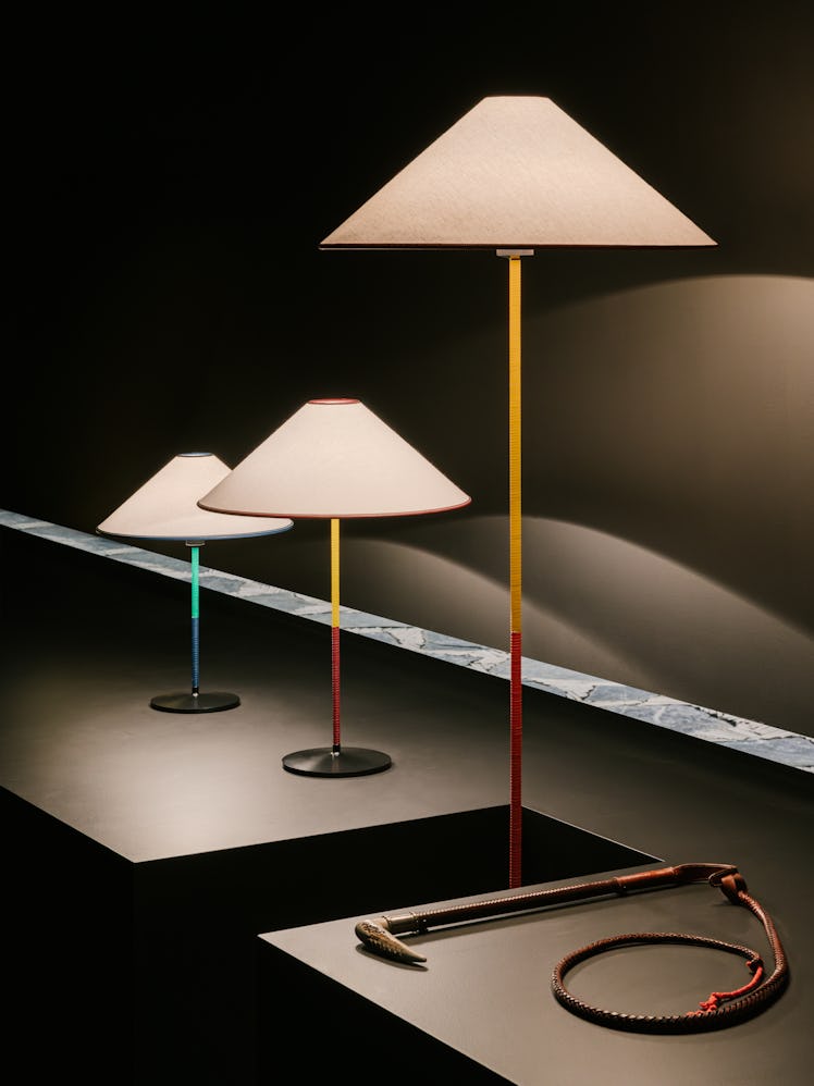 References to leather riding whips made their way onto a series of lamps at Hermès. 