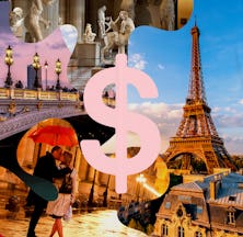 Collage of Paris landmarks and a couple under an umbrella, overlaid with a pink dollar sign, symboli...
