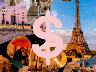 Collage of Paris landmarks and a couple under an umbrella, overlaid with a pink dollar sign, symboli...