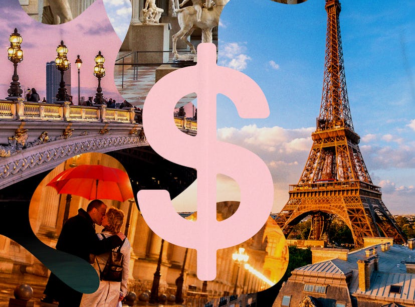 Collage of Paris landmarks and a couple under an umbrella, overlaid with a pink dollar sign, symboli...