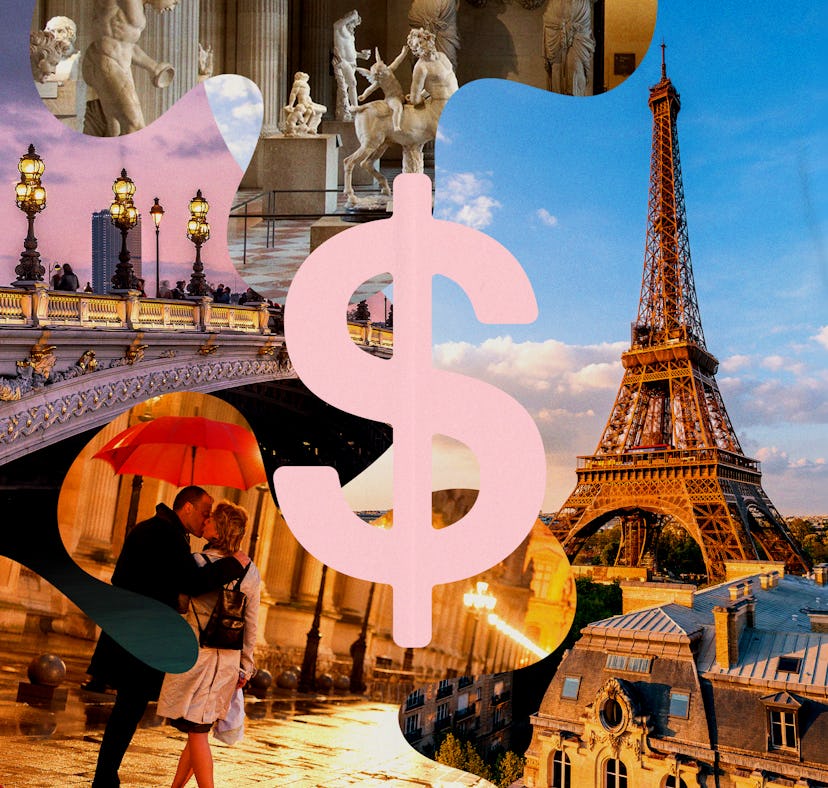 Collage of Paris landmarks and a couple under an umbrella, overlaid with a pink dollar sign, symboli...
